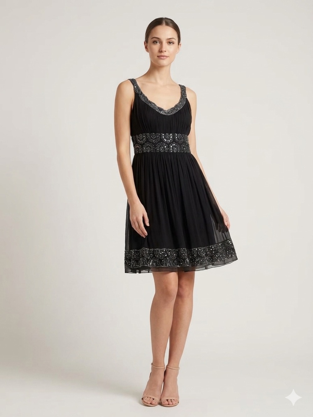 Adrianna Papell Evening Black Beaded Sequin Silk Dress - Size 6